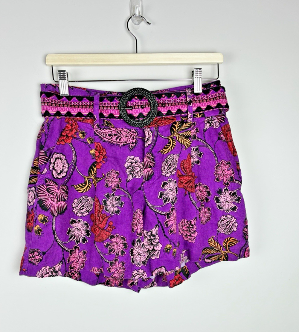 Nicole Miller New York Linen Shorts Womens 6 Purple Floral Print Belted Boho